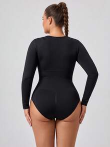 Plus Size Women Long Sleeve Bodysuit Scoop Neck Seamless Tummy Control Thermal Base Layer Top Fall Winter Body - Black - View 3