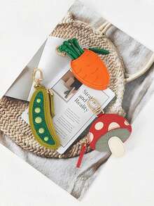 Cute Cartoon Pea Mushroom Carrot Shaped Coin Purse Pendant, Fun Mini Bag Charm, 1pc Green Orange Red PU Leather Keychain Storage Bag - Multicolor - View 5