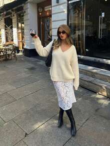 Women's Ribbed Knit V-Neck Long Sleeve Regular Fit Sweater, Autumn/Winter Fashion Top - Apricot - View 3