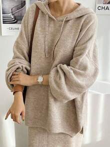 YCYC Autumn/Winter Vintage Slouchy Long Sleeve Hooded Knit Sweater + Back Slit Knit Skirt Set - Oatmeal - View 4
