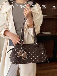 low tea 1pc Polka Dot Square PU Fabric Shoulder Bag, Suitable For Commuting, Shopping, Etc. (With Pendant) - Coffee - View 11