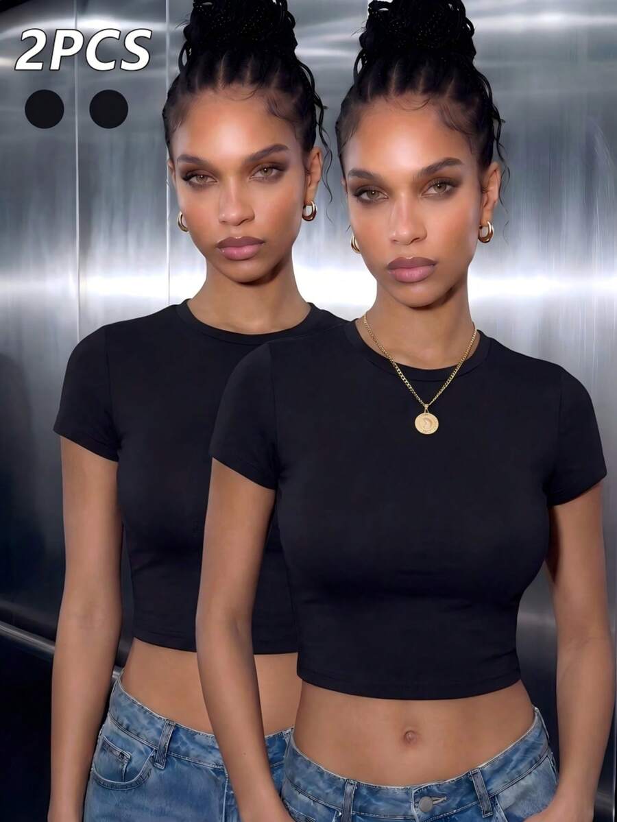 2pcs Women's Cropped Round Neck Short Sleeve Fitted T-Shirt, Casual Style, Suitable For Spring And Summer Wear