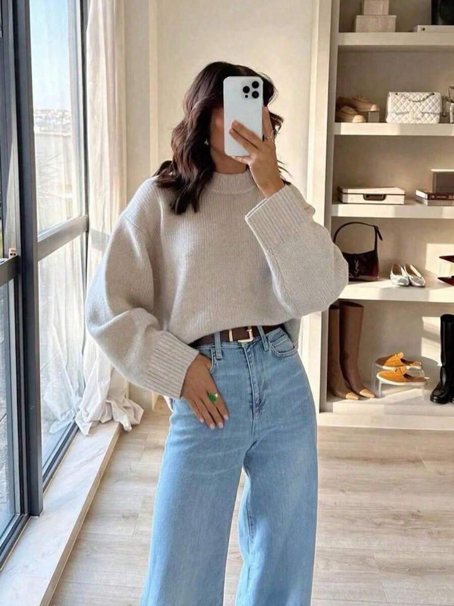 Grey Crew Neck Casual Knit Sweater For Women Fall - Grey - View 1