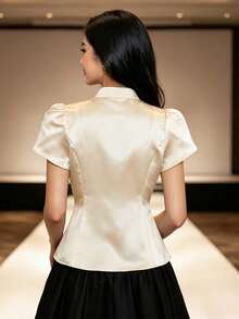Women's Front Button Short Sleeve Elegant Blouse - Champagne - View 5