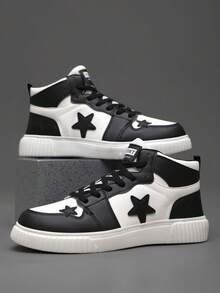 Men's Youthful Style High-Top Black & White Star Design Casual Sports Shoes Suitable For Daily Wear And Everyday Use - Black and White - View 1