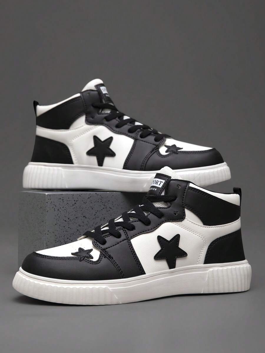 Men's Youthful Style High-Top Black & White Star Design Casual Sports Shoes Suitable For Daily Wear And Everyday Use - Black and White - View 1