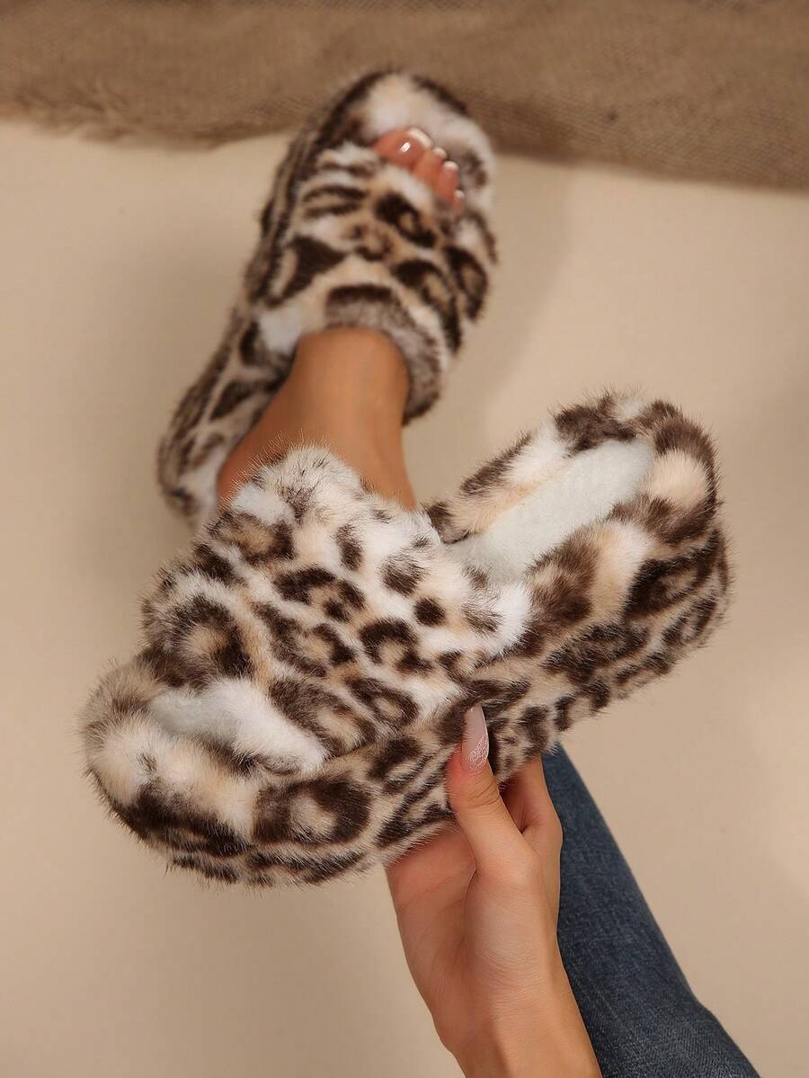 2026 New Women Fluffy Fuzzy Platform Slippers Open Toe Thick Sole Plush Slide Sandals For Indoor Outdoor - Beige Leopard Print - View 1