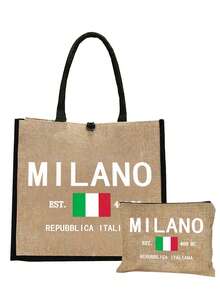 亞麻托特包套組，包含一個印有「Milan」字樣的托特包和一個印花小收納袋，字母與花卉圖案設計，附個性化禮品包裝，大包與小包組合，適合婚禮、生日、海灘、假期等場合，送給女性、母親、老師、朋友、伴娘、學生的完美禮物，開學季適用 - 彩色 - 查看 14