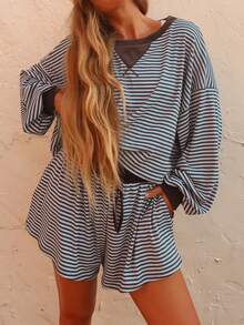 Acelitt Spring/Summer Casual Striped Print Loose Long Sleeve Top & Shorts Set, Waffle Knit Loungewear - Multicolor - View 3