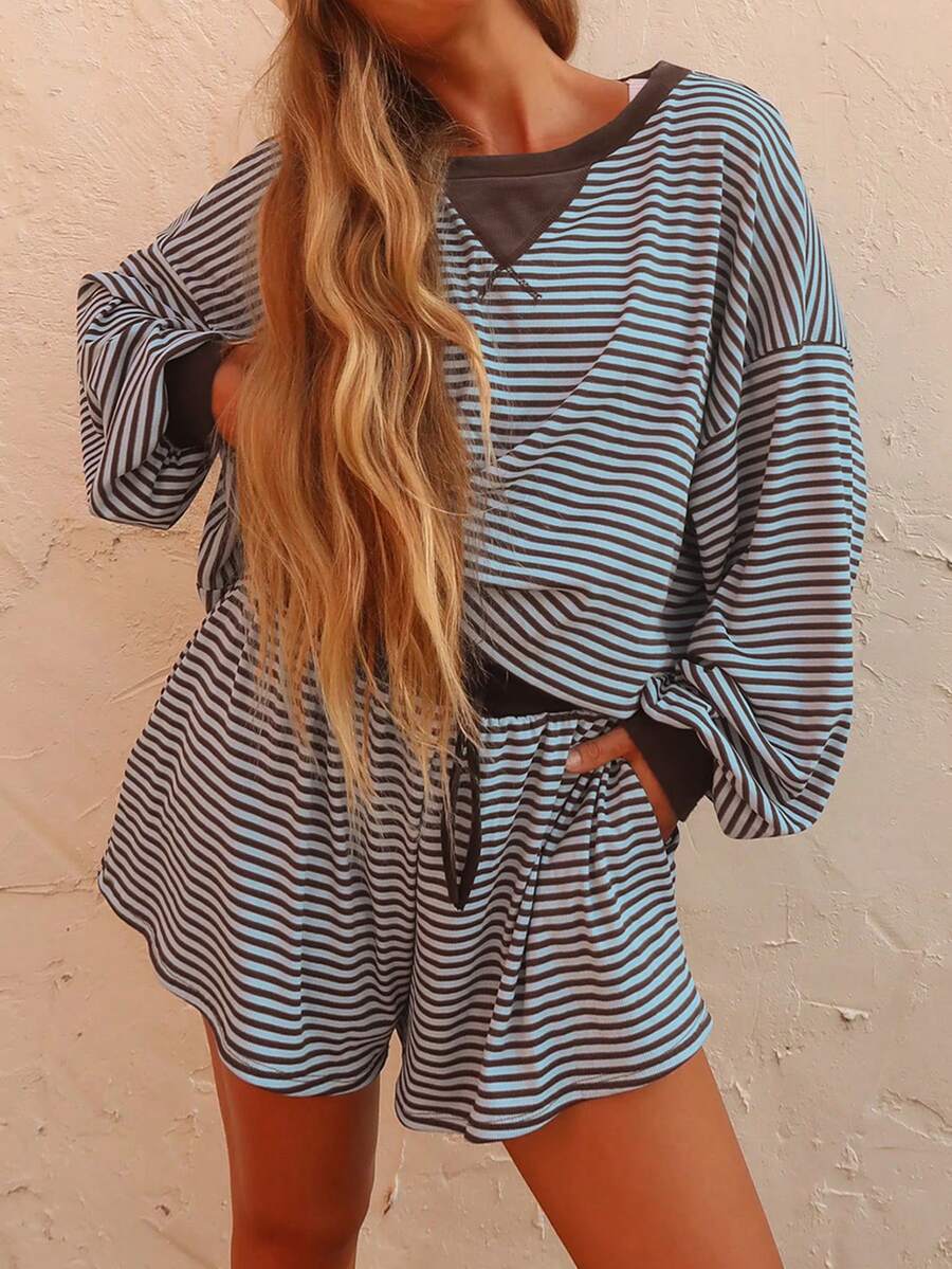 Acelitt Spring/Summer Casual Striped Print Loose Long Sleeve Top & Shorts Set, Waffle Knit Loungewear - Multicolor - View 1