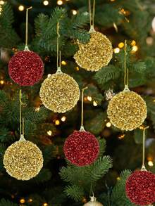 12PCS/6PCS Christmas Red & Gold Glitter Shiny Christmas Ball Hanging Ornaments, Christmas Tree Decor, Holiday Home Party Garland Accessories - Multicolor - View 1