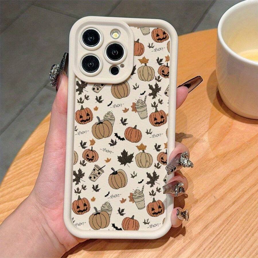 Vintage White Halloween Pumpkin & Coffee Print TPU Shockproof Full Coverage Precision Protective Case Compatible With Apple 11/12/13/14/15/16/16 Pro/16 Pro Max/17/17 Pro/17 Pro Max/18 Pro/18 Pro Max - Multicolor - View 1