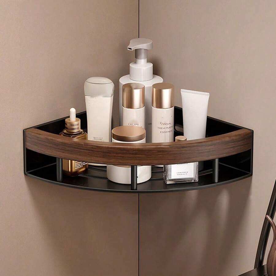 Faux Wood Grain Bathroom Toilet Corner Triangle Storage Rack Wall Mounted - Multicolor - View 1