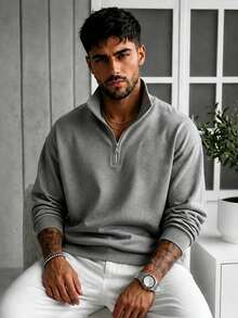 Men's Gray Floral Half-Zip Stand Collar Sweatshirt, Solid Color Textured Loose Drop Shoulder Casual Pullover - Grey - View 2