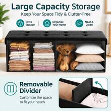 Foldable Linen Look Storage Ottoman Bench With Removable Divider, Button Tufted Padded Seat, Large Capacity Storage Chest, End Of Bed Bench Footrest Stool For Bedroom Living Room Entryway, Easy Assembly - Black - View 6
