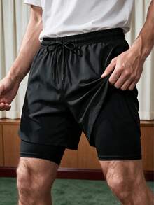 Shorts Esportiva Masculina de Dupla Camada Primavera/Verão 2025 com Cordão, Calça Casual Refrescante e Respirável Elástica para Uso Externo, Havaiana - Preto - Visão 1