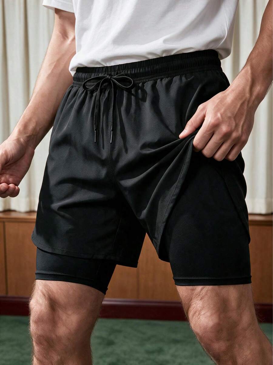 Shorts Esportiva Masculina de Dupla Camada Primavera/Verão 2025 com Cordão, Calça Casual Refrescante e Respirável Elástica para Uso Externo, Havaiana - Preto - Visão 1