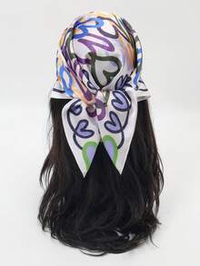 1pc Striped Heart Print Square Scarf, Premium Breathable Fashion Design, Suitable For Daily Wear - Multicolor - View 7