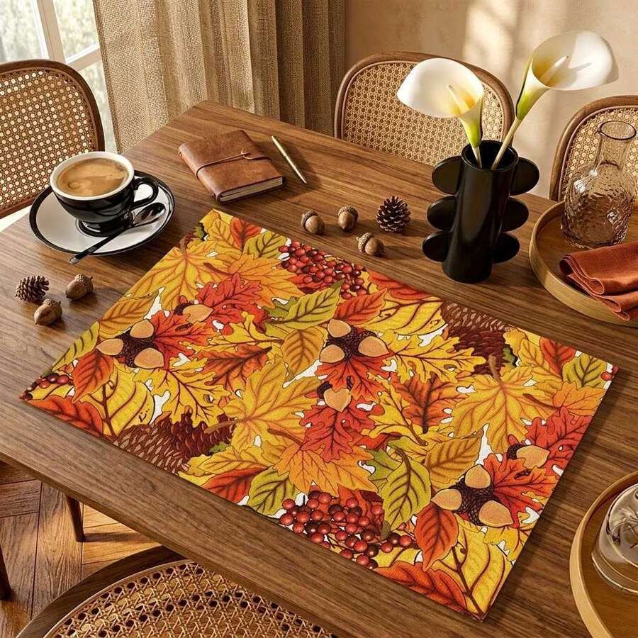 1/4/6pcs Autumn Series Acorn Pine Cone Autumn Leaf Pattern Printed Placemats Suitable For Home Kitchen/Heat-Resistant Table Protector Kitchen Dining Table Party Scene Decoration