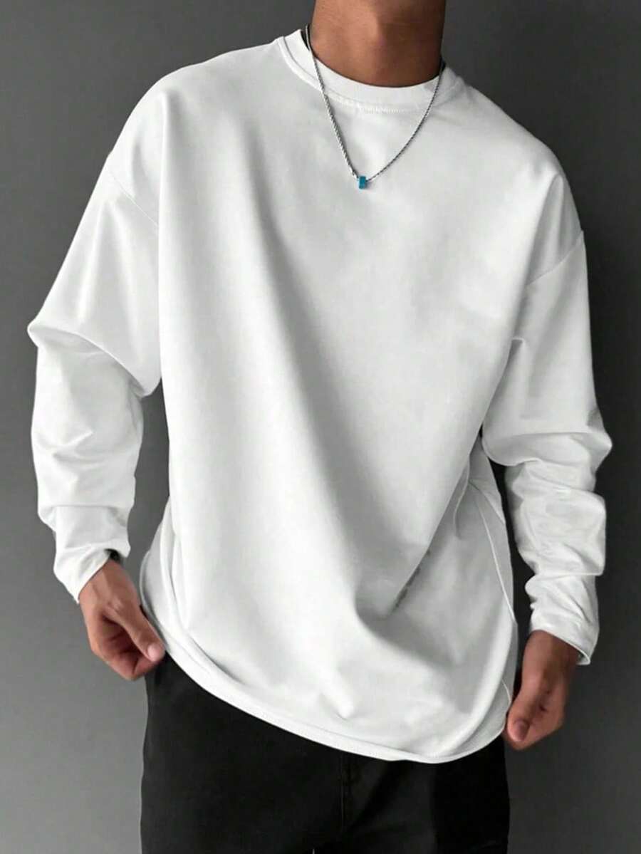 Men's Lightweight Polyester Solid Color All-Match Long Sleeve T-Shirt, Versatile & Breathable For Spring/Autumn - White - View 1