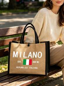 亞麻托特包套組，包含一個印有「Milan」字樣的托特包和一個印花小收納袋，字母與花卉圖案設計，附個性化禮品包裝，大包與小包組合，適合婚禮、生日、海灘、假期等場合，送給女性、母親、老師、朋友、伴娘、學生的完美禮物，開學季適用 - 彩色 - 查看 4
