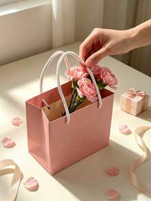 Tas Kado Kertas Pink dengan Gagang Tali Kepang Putih, Tas Kemasan Hadiah yang Dapat Digunakan Kembali untuk Ulang Tahun Pernikahan Pesta Hari Raya Pemberian Hadiah - View 2