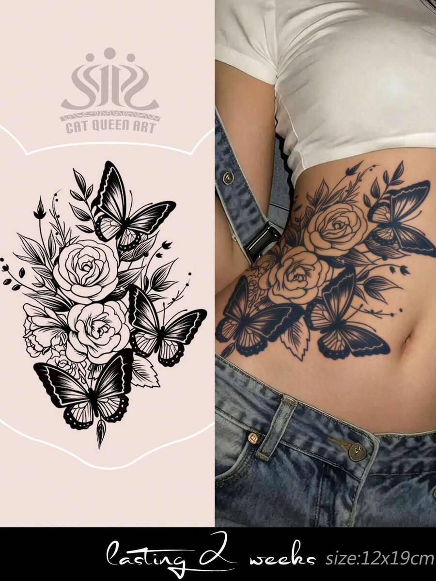 Herbal Juice Semi-Permanent Large Arm Tattoo Sticker Butterfly & Floral Pattern 14 Days No Fading Music Festival Party Gift Waist Abdomen Legs Back Body Temporary Tattoo Sticker 1pc/Pack - Blue - View 1