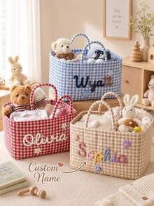Personalized Quilted Baby Storage Basket, Customized Baby Baptism Gift, Neutral Nursery Toy Storage Bin - Multicolor - View 12