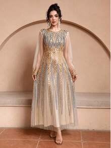 JINLICX Glamorous Women's Long Sleeve Sequin And Beaded Plus Size Formal Dress Round Neck Prom Gown With Elegant Design - Champagne - View 1