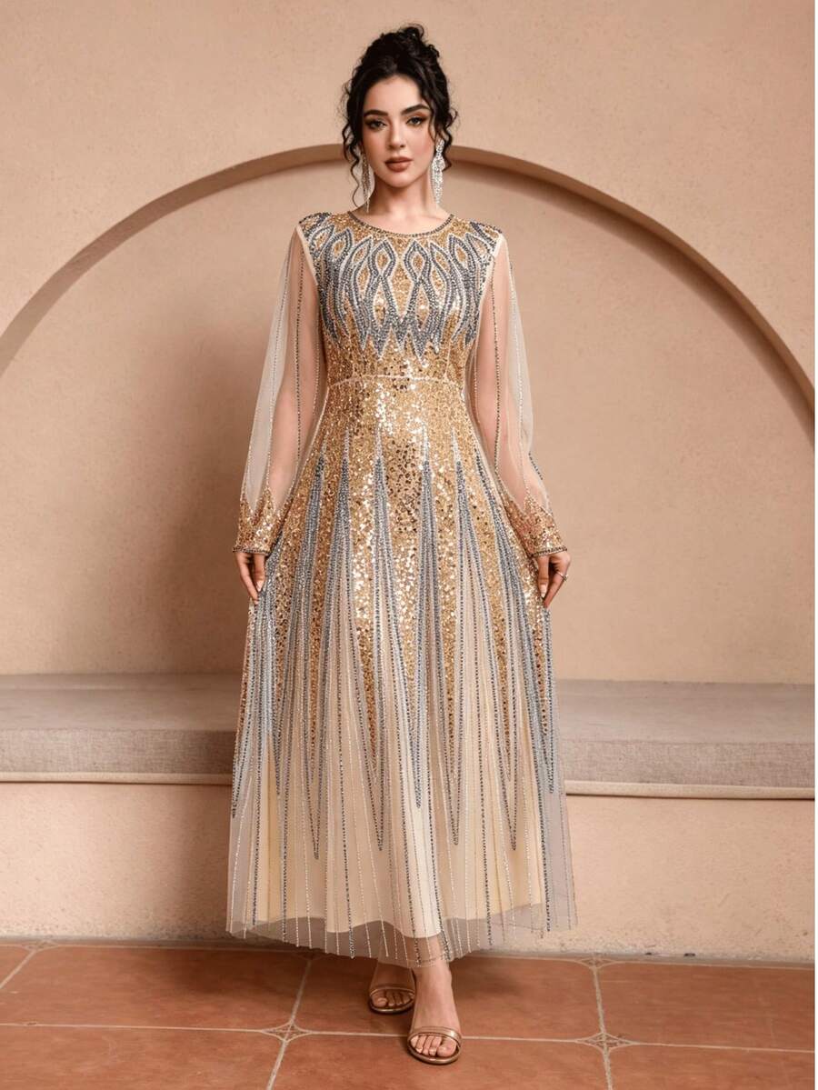 JINLICX Glamorous Women's Long Sleeve Sequin And Beaded Plus Size Formal Dress Round Neck Prom Gown With Elegant Design - Champagne - View 1