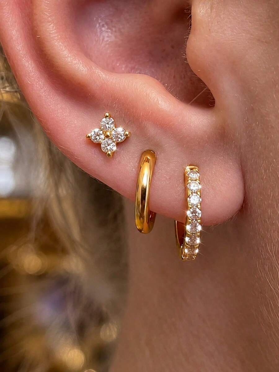 6pcs Exquisite Earring Sets Earrings Stack Flower Mini Stud Hoop Zirconia 14k Gold Plated Hypoallergenic Cartilage Stack Women Daily Wear