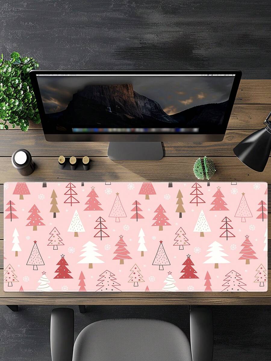 Pink Christmas Tree Large Desktop Mouse Pad, Cute Christmas Pine Tree & Snowflake Pattern Non-Slip Rubber Keyboard Desk Mat, Suitable For Office Home Desktop Decoration - View 1