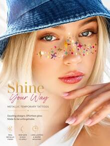 Colorful Metallic Star Face Temporary Tattoos For Women, Gold Foil Rainbow Star & Sparkle Tattoo Stickers, Waterproof Long-Lasting Face & Body Art For Festivals, Concerts, Raves, Parties, Makeup & Holiday Looks - Multicolor - View 3