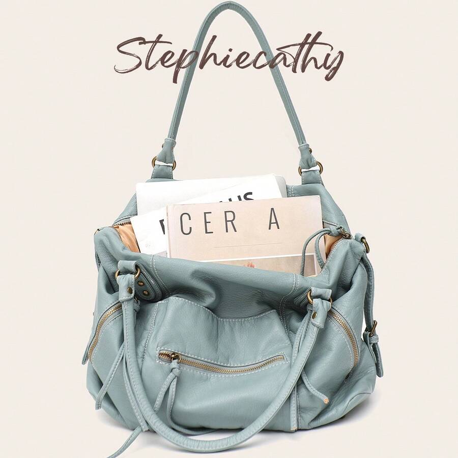 STEPHIECATHY Street Style Women's Distressed Washed PU Faux Leather Crossbody Shoulder Tote Bag, Large Capacity Multi-Pocket Practical Casual Handbag, Suitable For Daily Commute, Travel And Campus - Dusty Blue - View 1