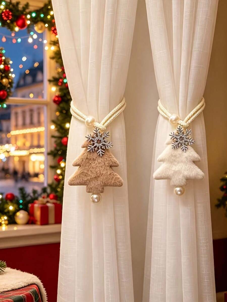 2pcs Christmas Tree Snowflake Curtain Tiebacks, Convenient Curtain Storage, Suitable For Sheer Curtains And Holiday Atmosphere Decoration, Christmas Gift - Multicolor - View 1