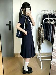 1 Buah Setelan Kostum Seragam JK Dasar Kerah Pelaut Biru Tua Manis Gaya Jepang, Cocok untuk Pesta Liburan dan Pertunjukan, Cocok untuk Semua Hari Libur, Hadiah Hari Valentine, dan Pakaian Sehari-hari untuk Liburan. - Navy Blue - View 4