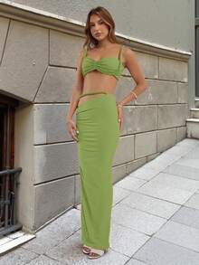 Women's Neon Green Sexy Backless Camisole And Pleated Long Skirt Set, Summer Vacation Outfit Elegant - Green - View 2