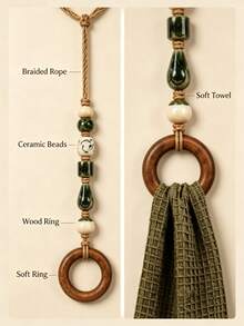 Beaded Towel Rack Bohemian Beaded Towel Rack, Hand-Woven Rope Ceramic Beads Wooden Ring Hanging Towel Rack, Vintage Wall-Mounted Hand Towel Hook, Suitable For Bathroom And Kitchen Decoration, Country Farmhouse Home Wall Decor, No-Drill Hanging Storage Accessory - Multicolor - View 2