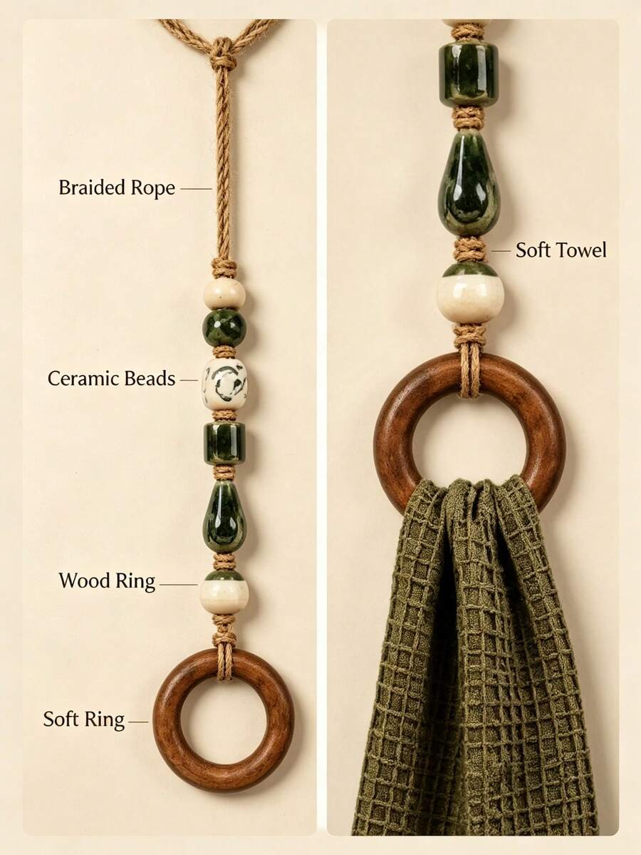 Beaded Towel Rack Bohemian Beaded Towel Rack, Hand-Woven Rope Ceramic Beads Wooden Ring Hanging Towel Rack, Vintage Wall-Mounted Hand Towel Hook, Suitable For Bathroom And Kitchen Decoration, Country Farmhouse Home Wall Decor, No-Drill Hanging Storage Accessory - Multicolor - View 1