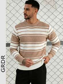 GRDR Men's Striped Colorblock Hollow Knit Sweater - Fashionable Minimalist Long Sleeve Pullover - Apricot - View 8