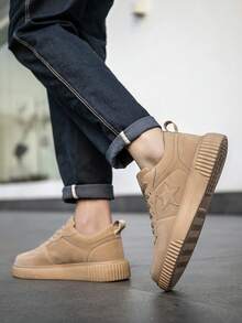 Men's Niche Minimalist Solid Color Patchwork Front Lace-Up Versatile Casual Sneakers, Outdoor Fashion Lightweight Daily Business Commute Comfortable Flat Sports Shoes - Khaki - View 9