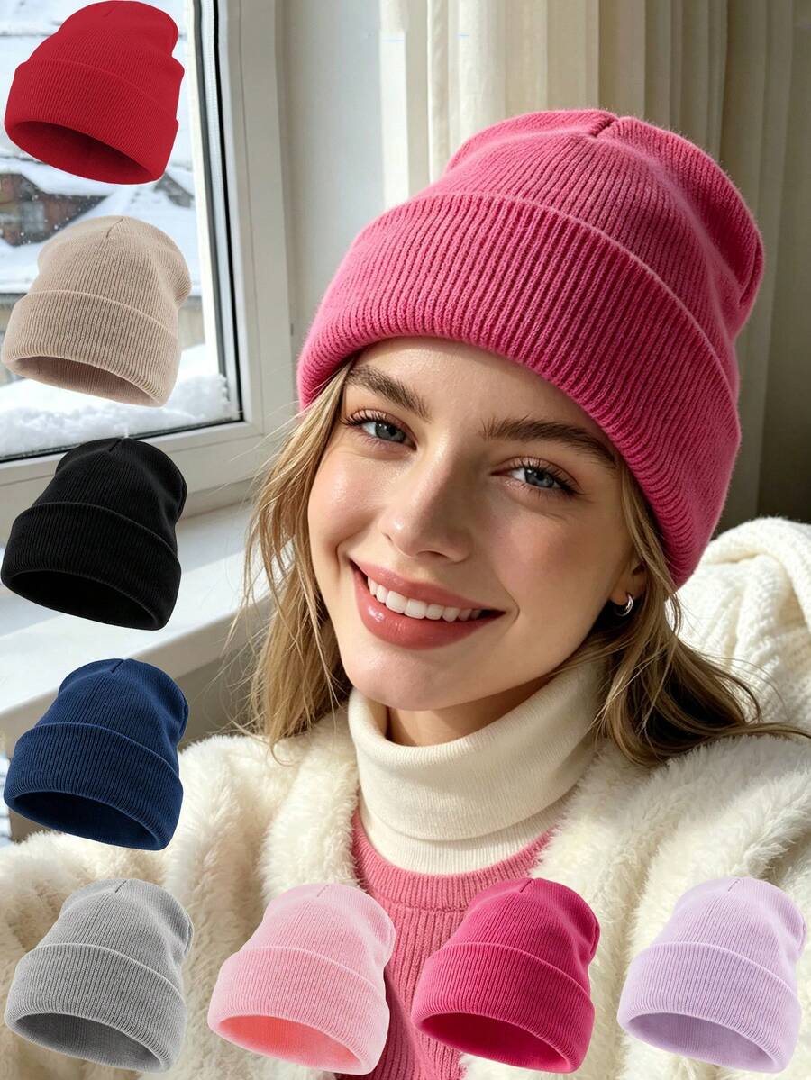 1pc Unisex Solid‑Color Cuffed Ribbed Knitted Beanie Hat, Multi‑Color Options, Soft Warm Stretchy Fall Winter Headwear, Casual Cap For Outdoor Trips - Multicolor - View 1