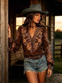 YI XUAN Women's Bohemian Floral Print Long Sleeve Blouse, Pullover Woven Textured Fabric, V-Neck Design, Summer Top - Brown - View 5