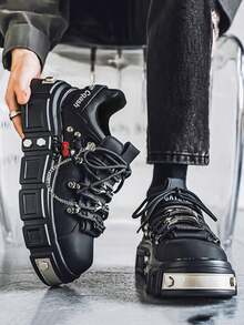 GAISIMA Premium New Dad Style Metallic Punk Men's Height-Increasing Thick Sole Fashionable Big Toe Derby Shoes Colorblock Casual Shoes - Black - View 4