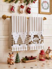 2pcs Christmas Brown Striped Christmas Tree & Snowman Pattern Kitchen Towels, Soft Polyester Material Dish Cloths, Suitable For Kitchen Decor, Kitchen Cleaning, Holiday Party Decoration, Kitchen & Bathroom Supplies Home Essentials, Home Decor, Housewarming Gift - Multicolor - View 2