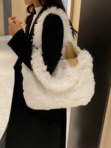 Autumn/Winter New Solid Color Long Fur Vest Style Tote Bag, Soft & Lightweight Plush Handbag, Fashion Casual Underarm Large Capacity Shoulder Bag For Women's Daily Use - White - View 7