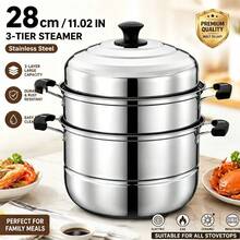 Panci Kukus 3 Tingkat Bertumpuk dari Stainless Steel, Tinggi 28cm (11,02 inci), Panci Masak Multi-Lapisan dengan Tutup Kaca Tempered, Peralatan Masak Serbaguna untuk Kompor Gas & Kompor Induksi, Ideal untuk Mengukus Sayuran, Makanan Laut, dan Penggunaan Dapur Rumah Tangga Sehari-hari - View 8
