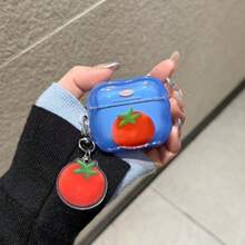 Cute Tomato Decor Wavy Edge Earbud Case, Blue Soft Silicone Shock‑Absorbing Protective Cover With Tomato Charm Braided Lanyard Accessory 1/2/3/4/Pro/Pro2(Nd)/Pro(3rd) - Blue - View 3