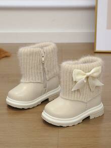 1 Pair Baby Girl Bow Decor Fuzzy Fleece Lined Warm Comfortable Flat Short Boots Snow Boots For Autumn Winter - Beige - View 1