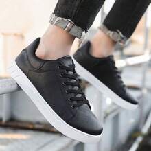 Men's Versatile Breathable Front Lace-Up White Casual Sports Shoes, Fashionable Lightweight Comfortable Round Toe Flat Bottom Sneakers - Black - View 6